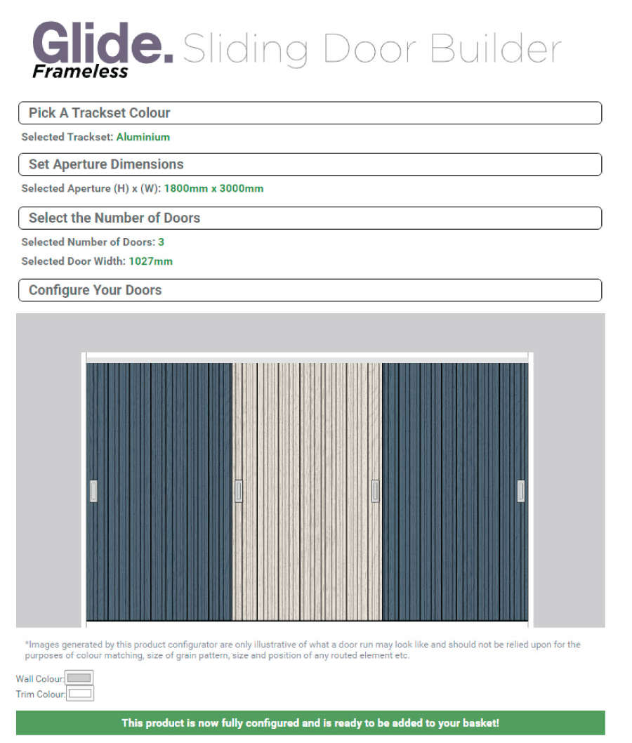 Online Configurator for building Glide Frameless doors quotes.